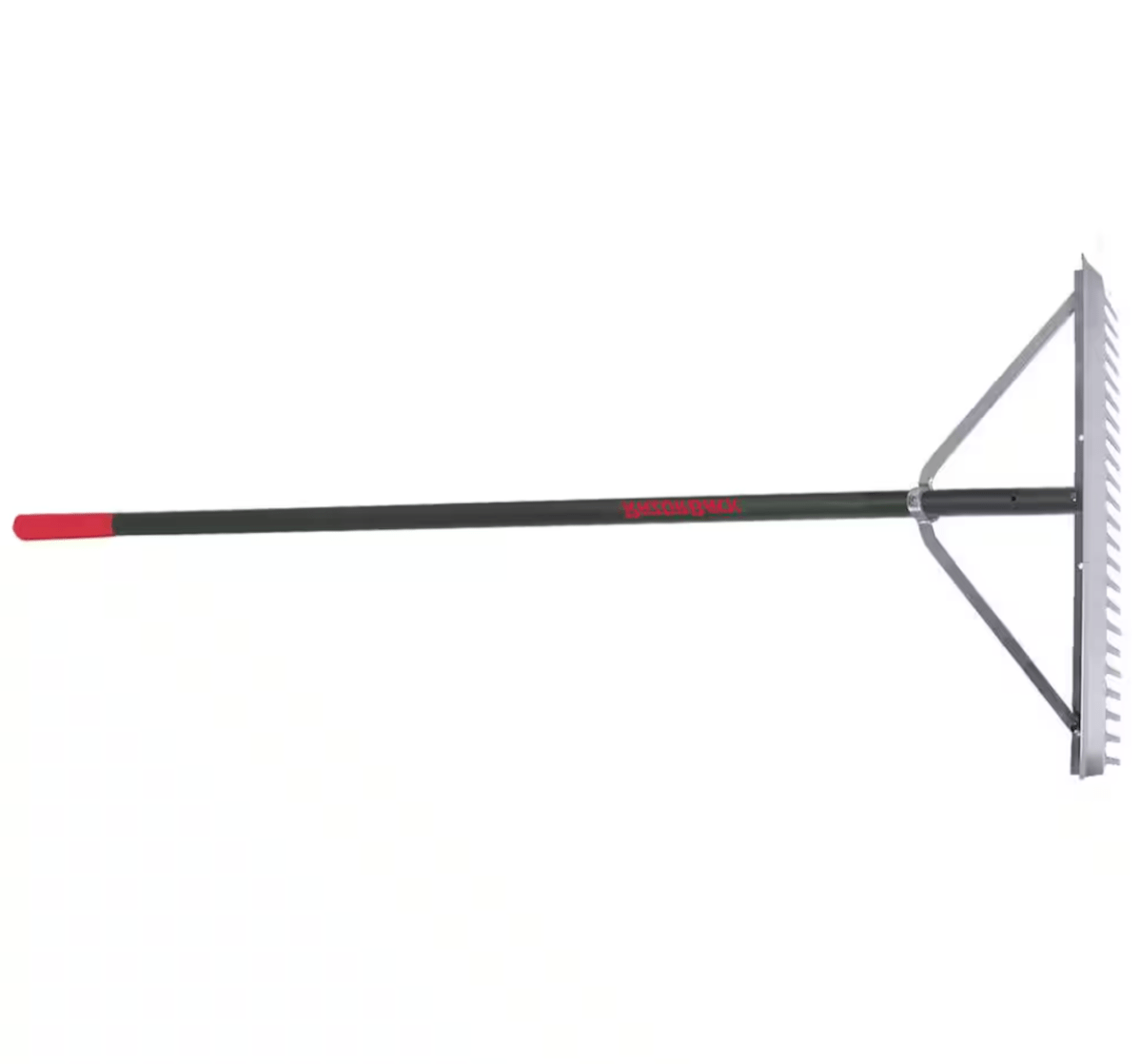 Stone rake with silver head and black handle with red details.